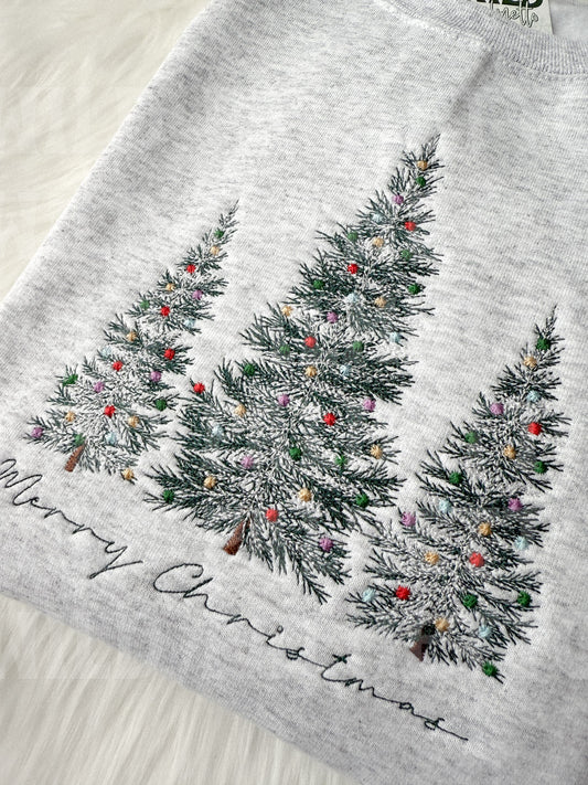 MERRY CHRISTMAS TREES WITH ORNAMENTS EMBROIDERED SWEATSHIRT