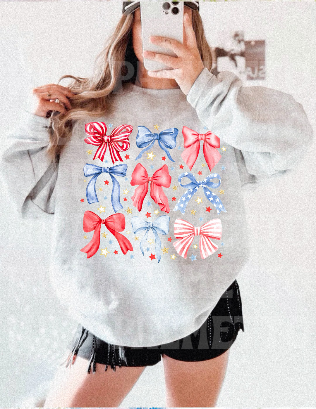 RED, WHITE, BLUE BOWS SWEATSHIRT