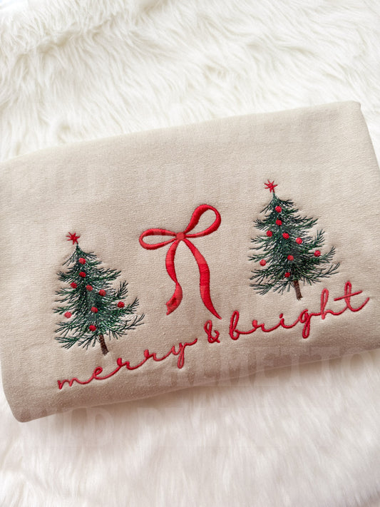 MERRY & BRIGHT BOW/TREES EMBROIDERED SWEATSHIRT
