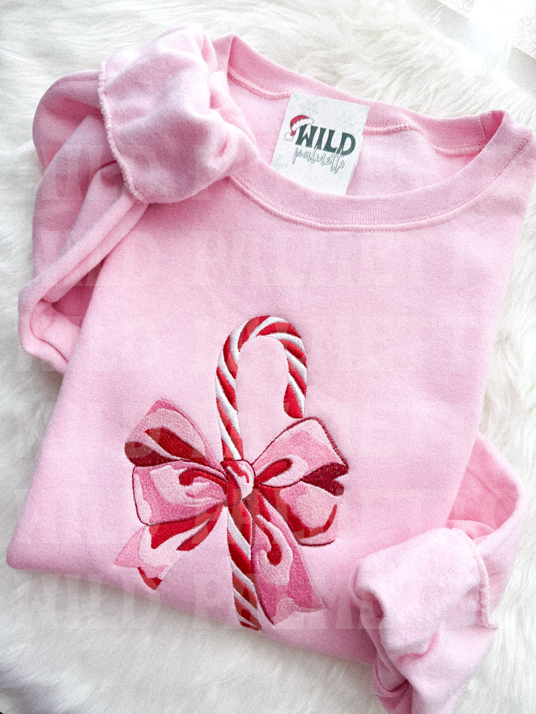 CANDY CANE BOW EMBROIDERED SWEATSHIRT