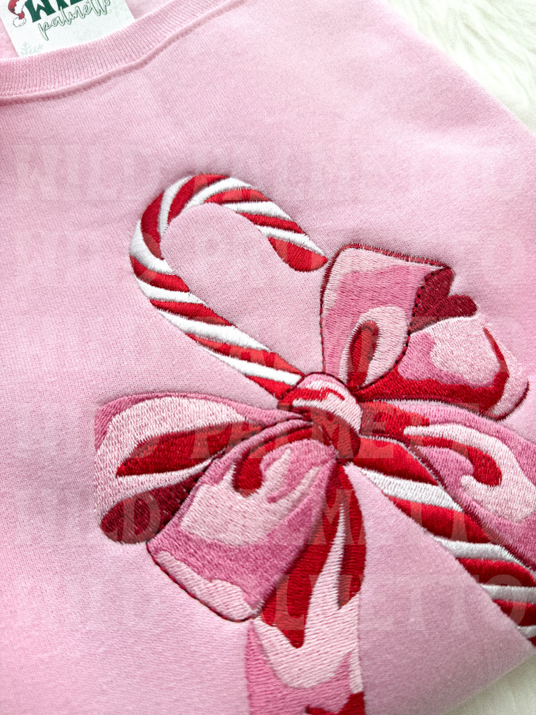 CANDY CANE BOW EMBROIDERED SWEATSHIRT
