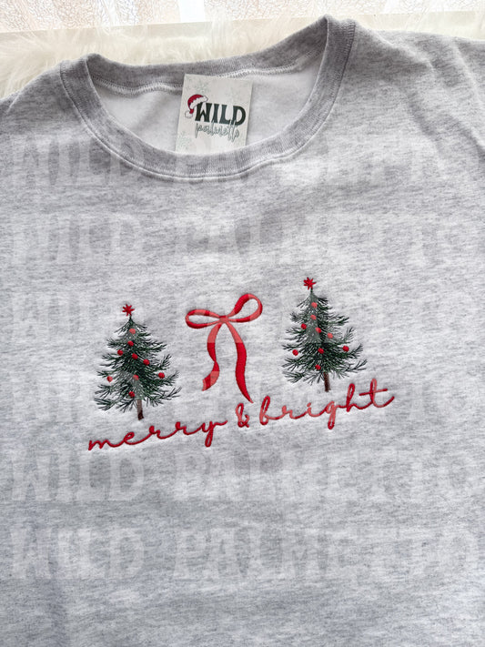 *IMPERFECT SALE* MERRY & BRIGHT BOW/TREES EMBROIDERED SWEATSHIRT XL | READY TO SHIP