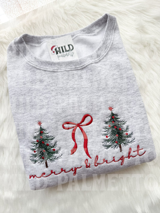 *IMPERFECT SALE* MERRY & BRIGHT BOW/TREES EMBROIDERED SWEATSHIRT XL | READY TO SHIP