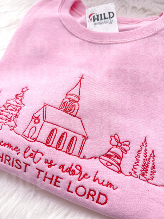 OH COME, LET US ADORE HIM EMBROIDERED SWEATSHIRT