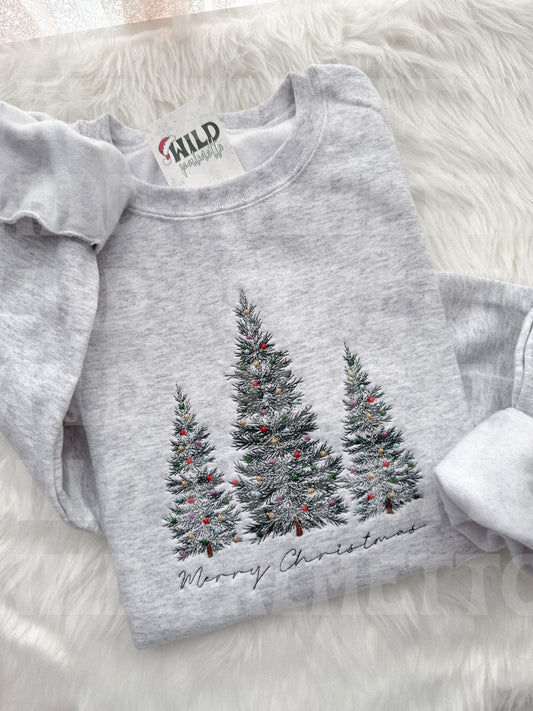 MERRY CHRISTMAS TREES WITH ORNAMENTS EMBROIDERED SWEATSHIRT