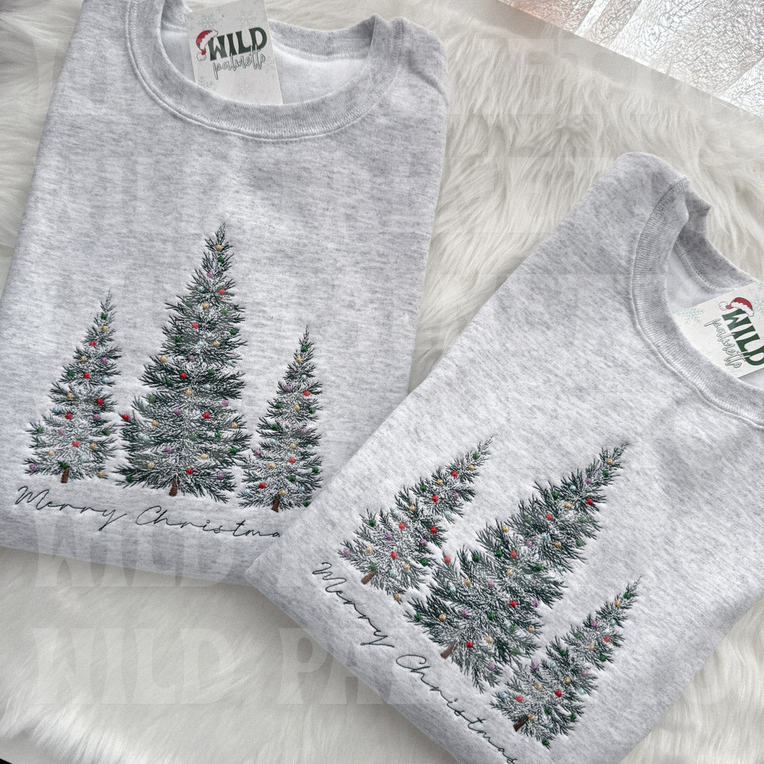 MERRY CHRISTMAS TREES WITH ORNAMENTS EMBROIDERED SWEATSHIRT