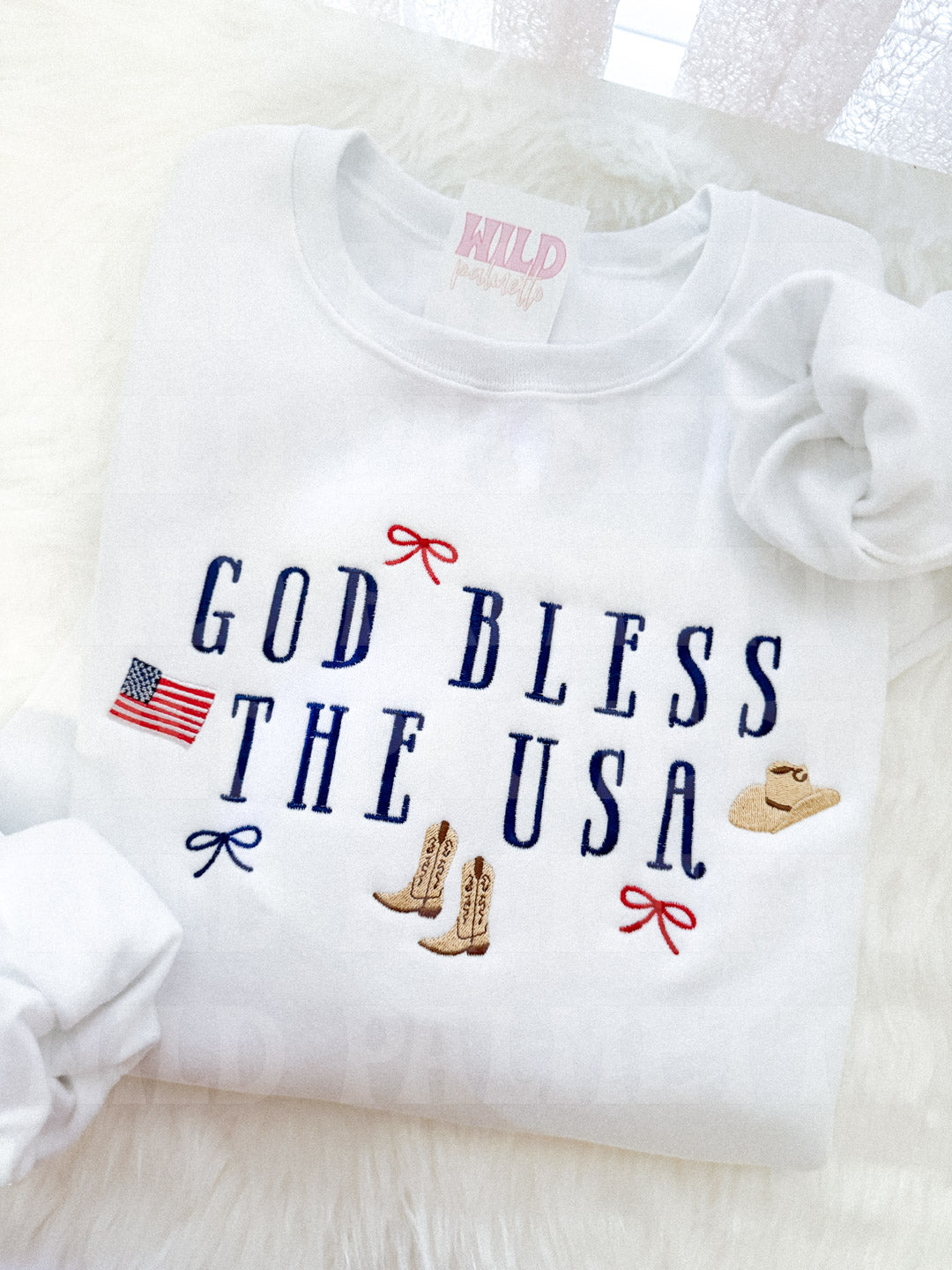 GOD BLESS THE USA EMBROIDERED SWEATSHIRT