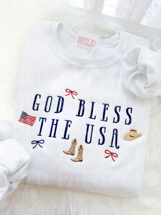 GOD BLESS THE USA EMBROIDERED SWEATSHIRT