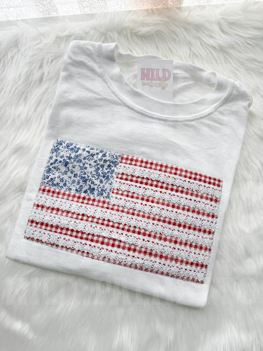 AMERICAN FLAG WITH LACE EMBROIDERED TEE