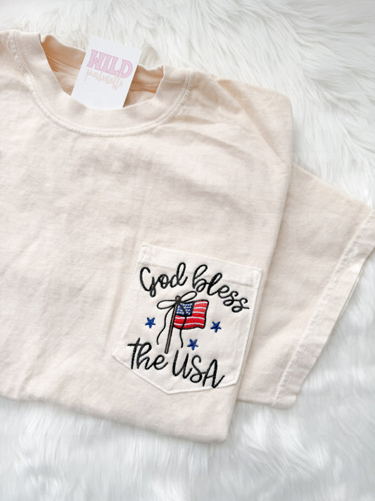 GOD BLESS THE USA EMBROIDERED POCKET TEE