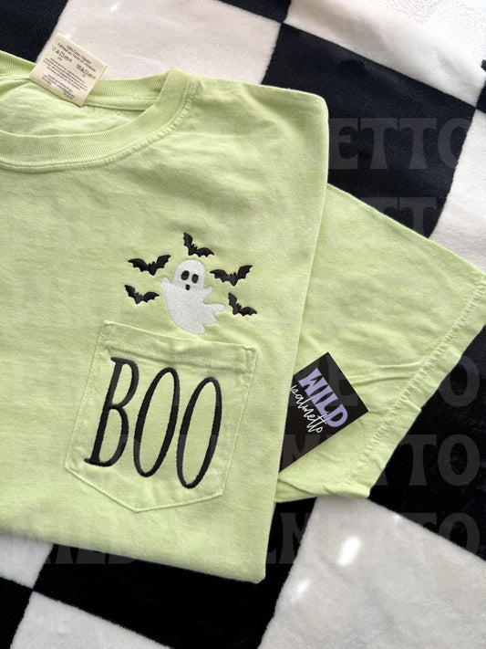 BOO GHOST + BATS EMBROIDERED POCKET TEE