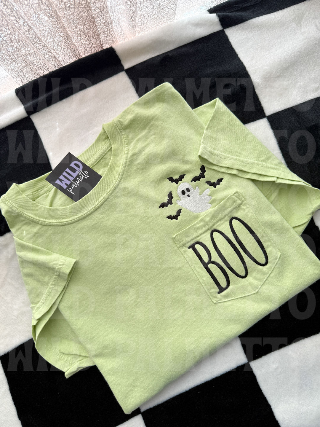 BOO GHOST + BATS EMBROIDERED POCKET TEE