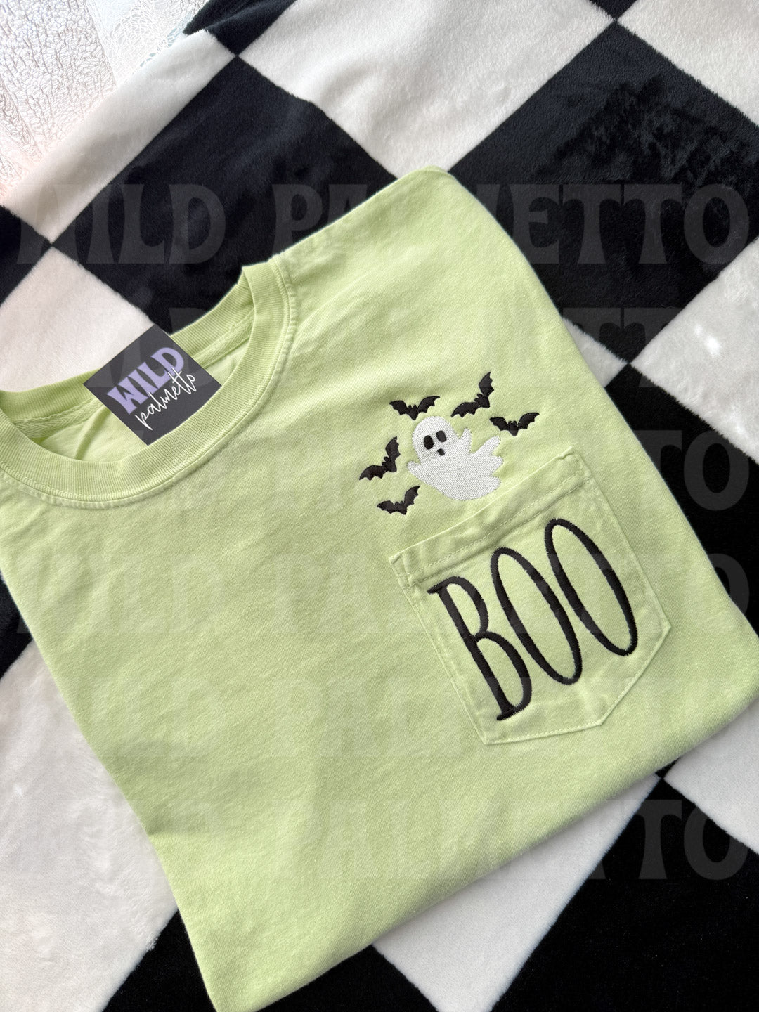 BOO GHOST + BATS EMBROIDERED POCKET TEE