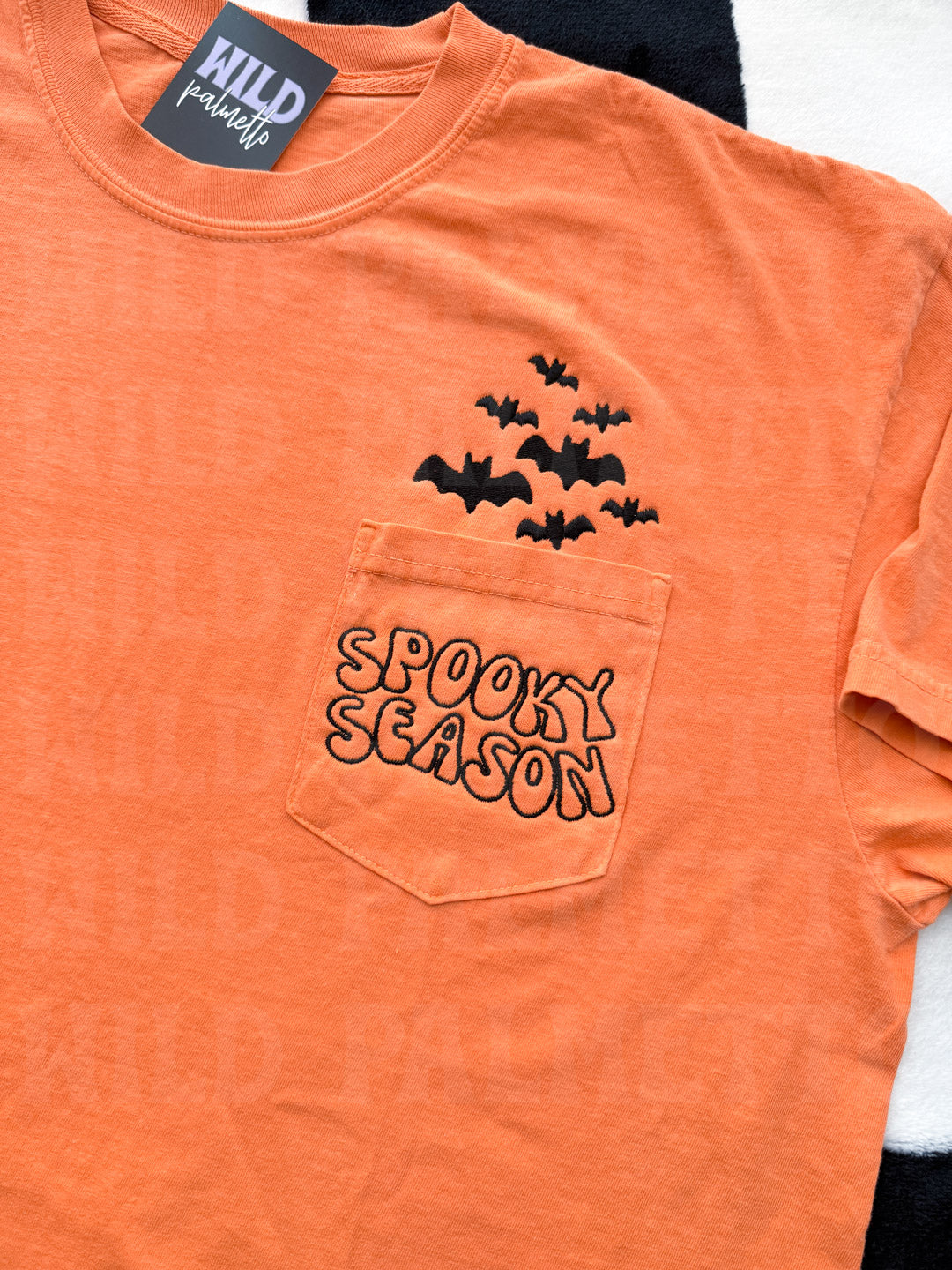 SPOOKY SEASON BATS EMBROIDERED POCKET TEE
