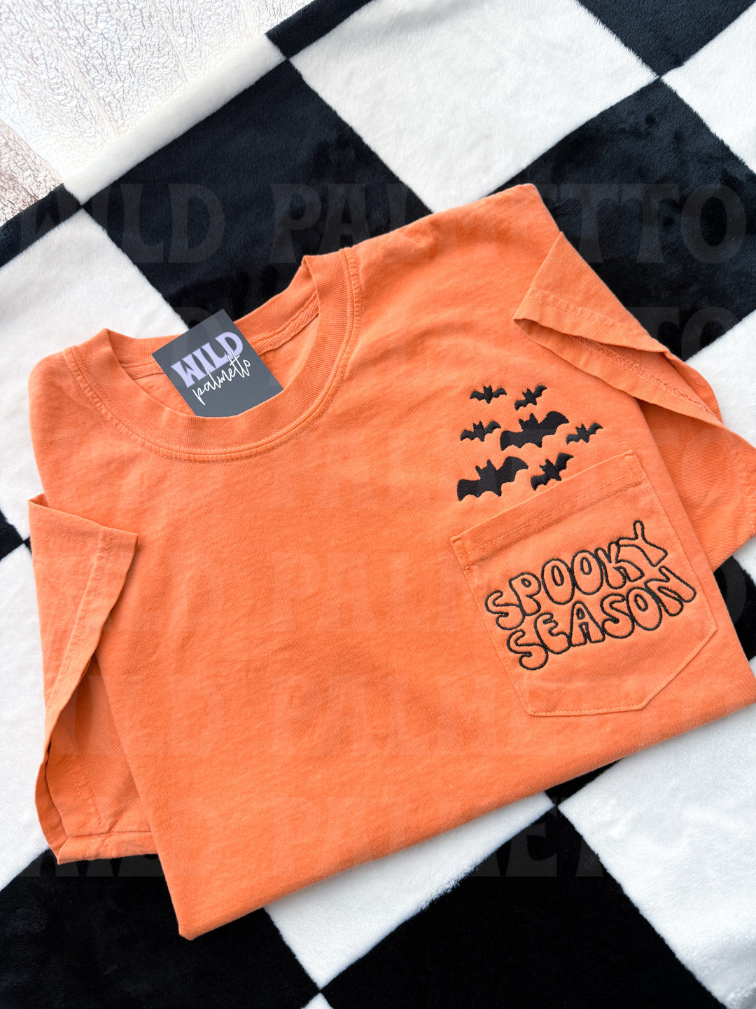 SPOOKY SEASON BATS EMBROIDERED POCKET TEE