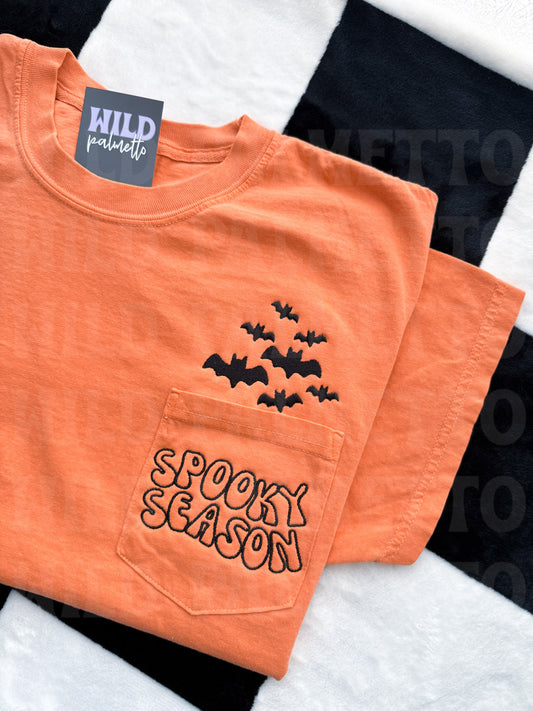 SPOOKY SEASON BATS EMBROIDERED POCKET TEE