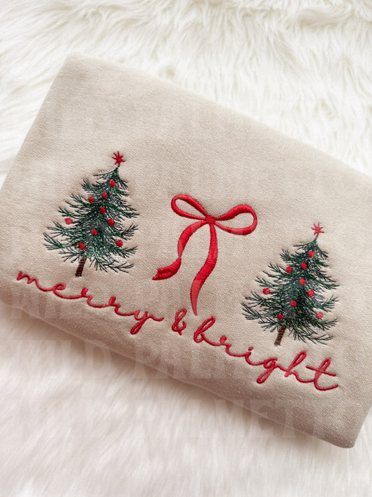 MERRY & BRIGHT BOW/TREES EMBROIDERED SWEATSHIRT