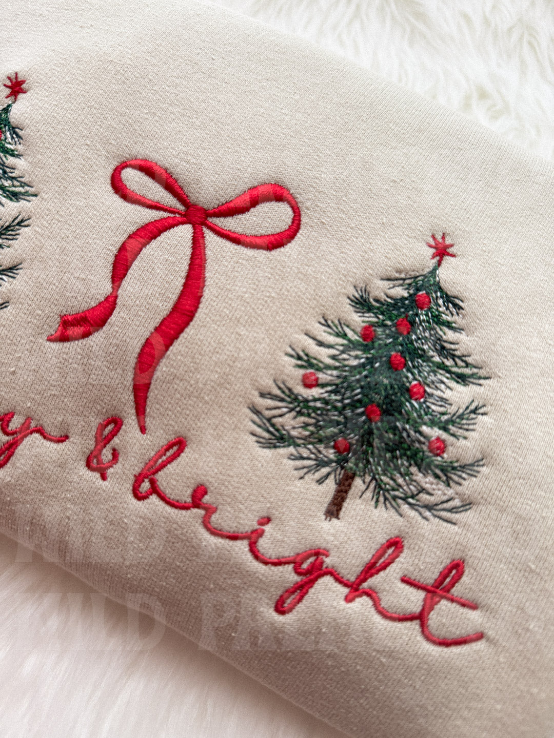 MERRY & BRIGHT BOW/TREES EMBROIDERED SWEATSHIRT