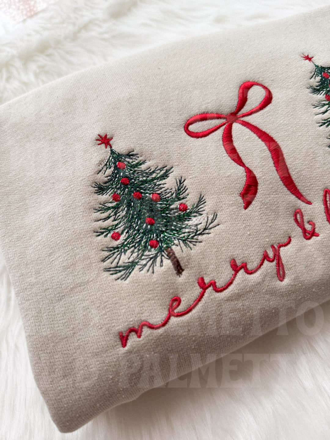 MERRY & BRIGHT BOW/TREES EMBROIDERED SWEATSHIRT