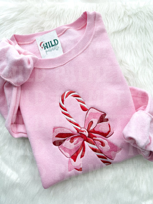 CANDY CANE BOW EMBROIDERED SWEATSHIRT