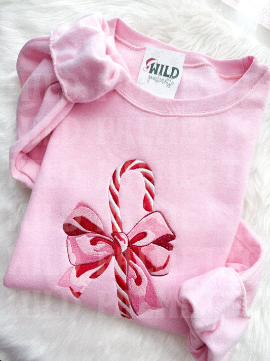 CANDY CANE BOW EMBROIDERED SWEATSHIRT