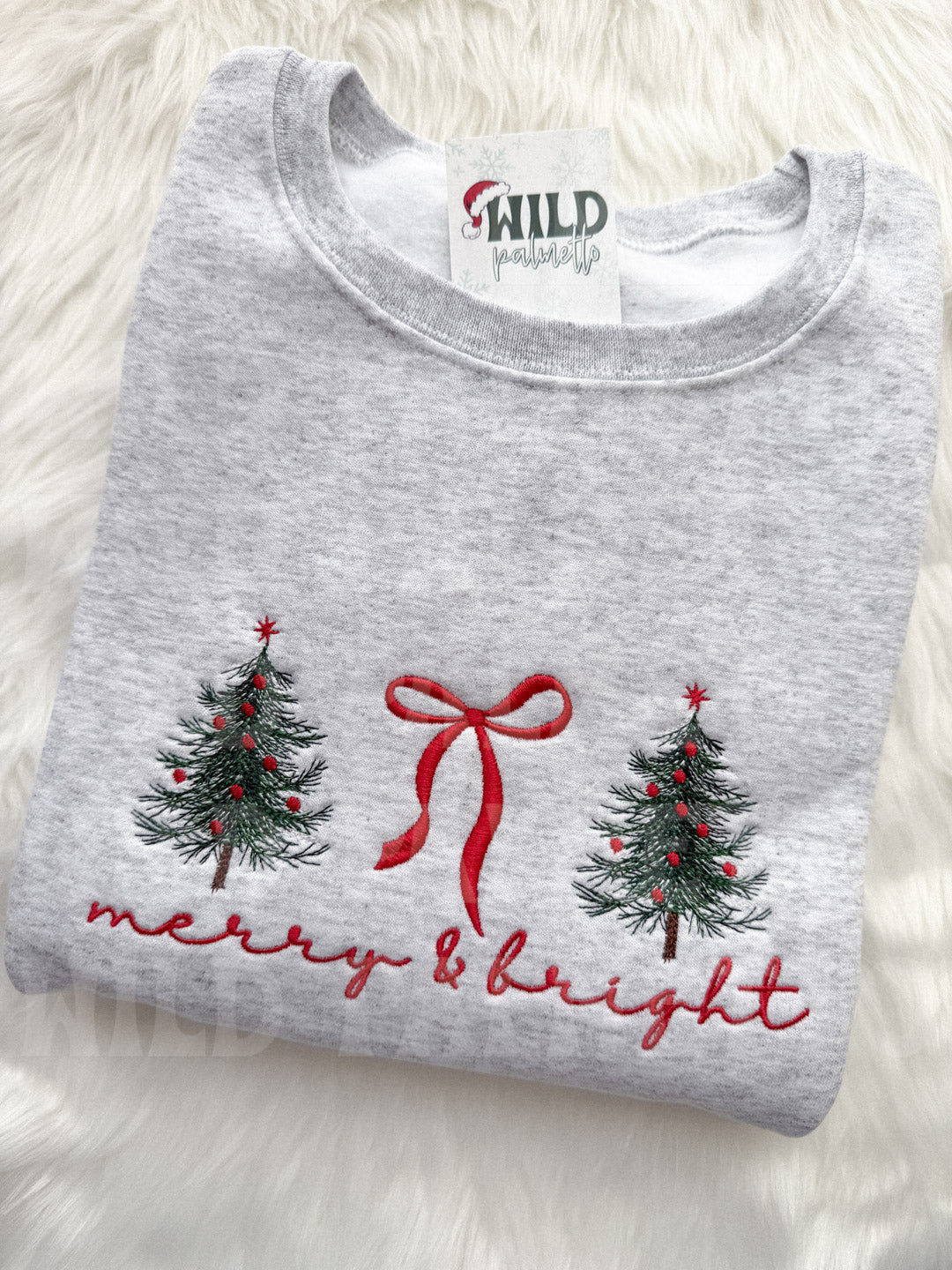 MERRY & BRIGHT BOW/TREES EMBROIDERED SWEATSHIRT
