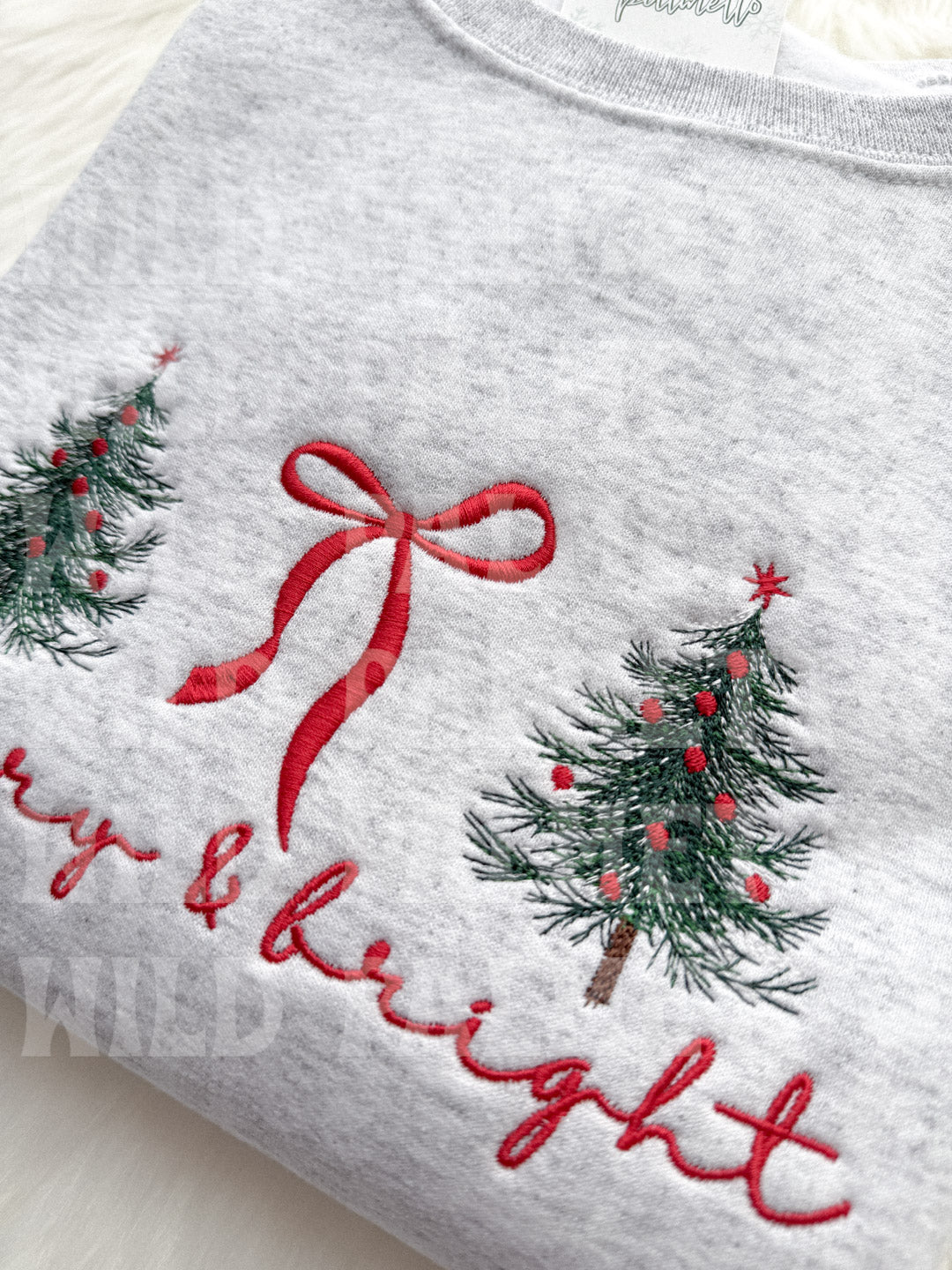 MERRY & BRIGHT BOW/TREES EMBROIDERED SWEATSHIRT