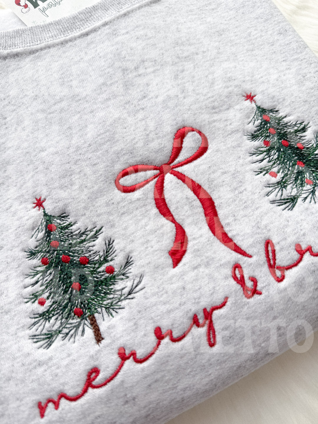 MERRY & BRIGHT BOW/TREES EMBROIDERED SWEATSHIRT