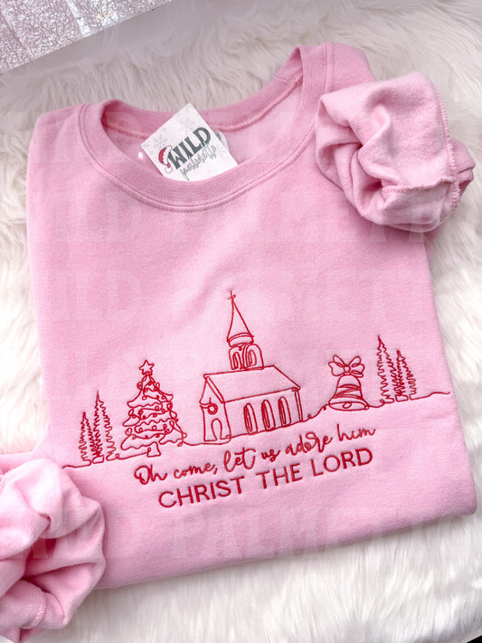 OH COME, LET US ADORE HIM EMBROIDERED SWEATSHIRT
