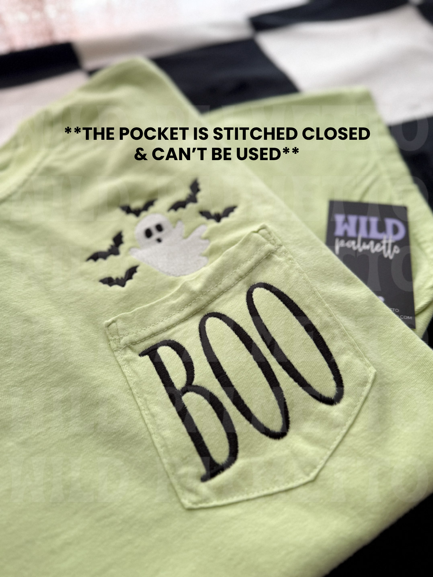 BOO GHOST + BATS EMBROIDERED POCKET TEE
