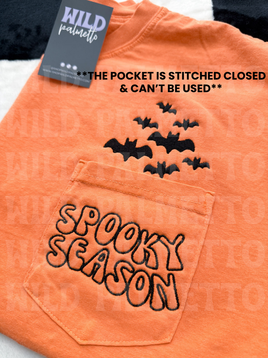 SPOOKY SEASON BATS EMBROIDERED POCKET TEE